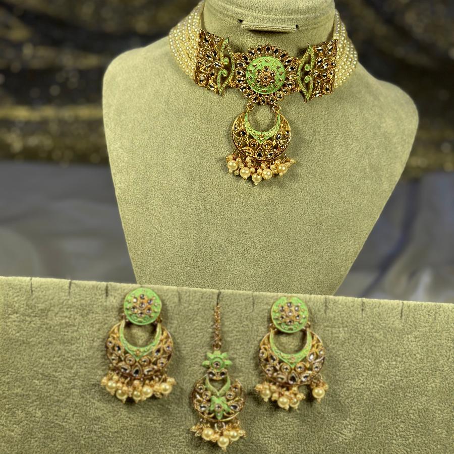 Kundan Choker Necklace Pearl Mint Green Set