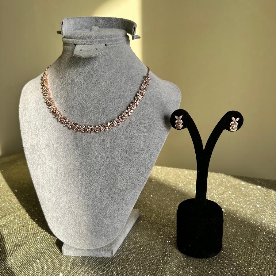 Cubic Zircon 18 Carat Necklace Set With Earrings in Rose Gold