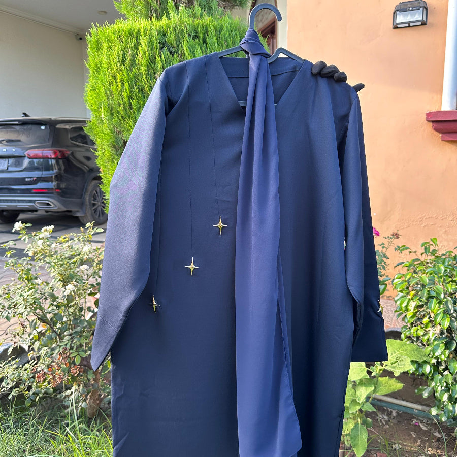 Elegant Dark Blue Abaya with Matching Scarf – Modest Wear for Women