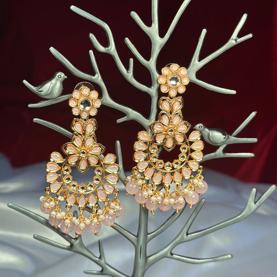 Earrings Kundan Studded in Tea Pink