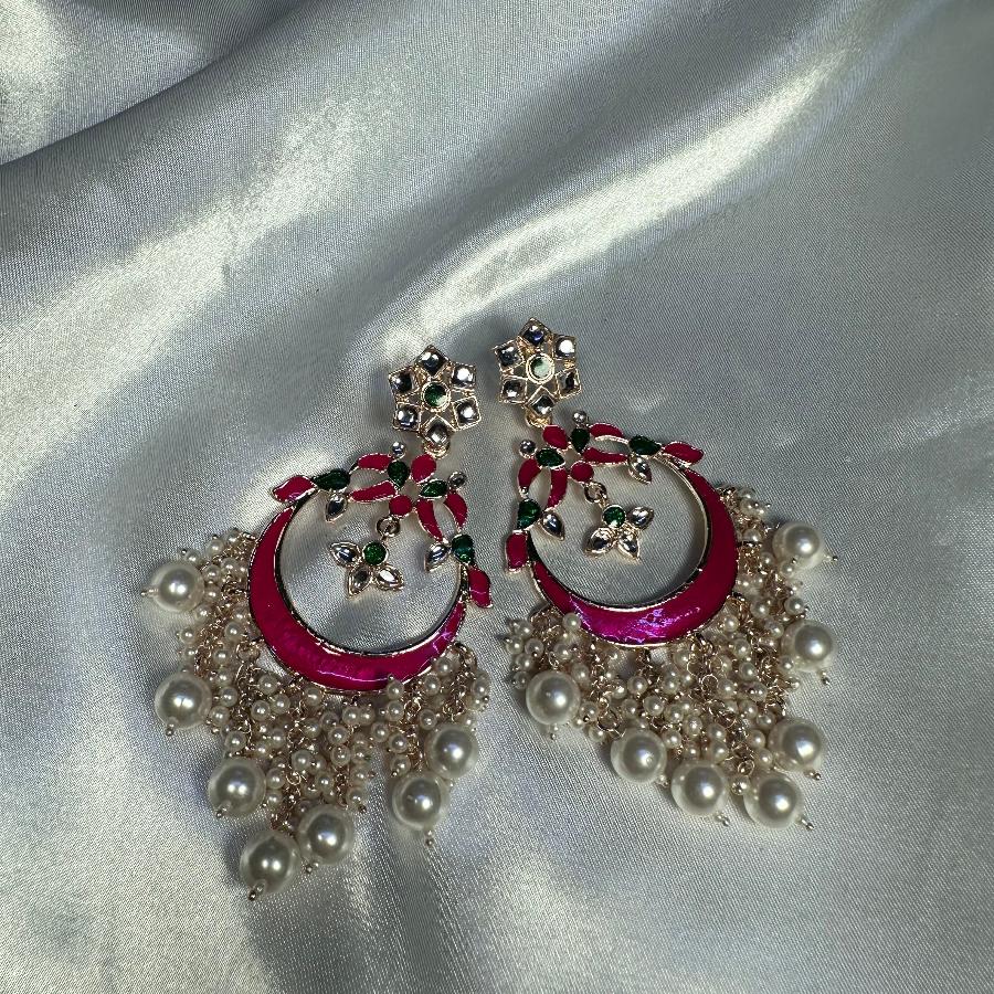 Kundan Chandbali Dangle Long Earrings in Pink