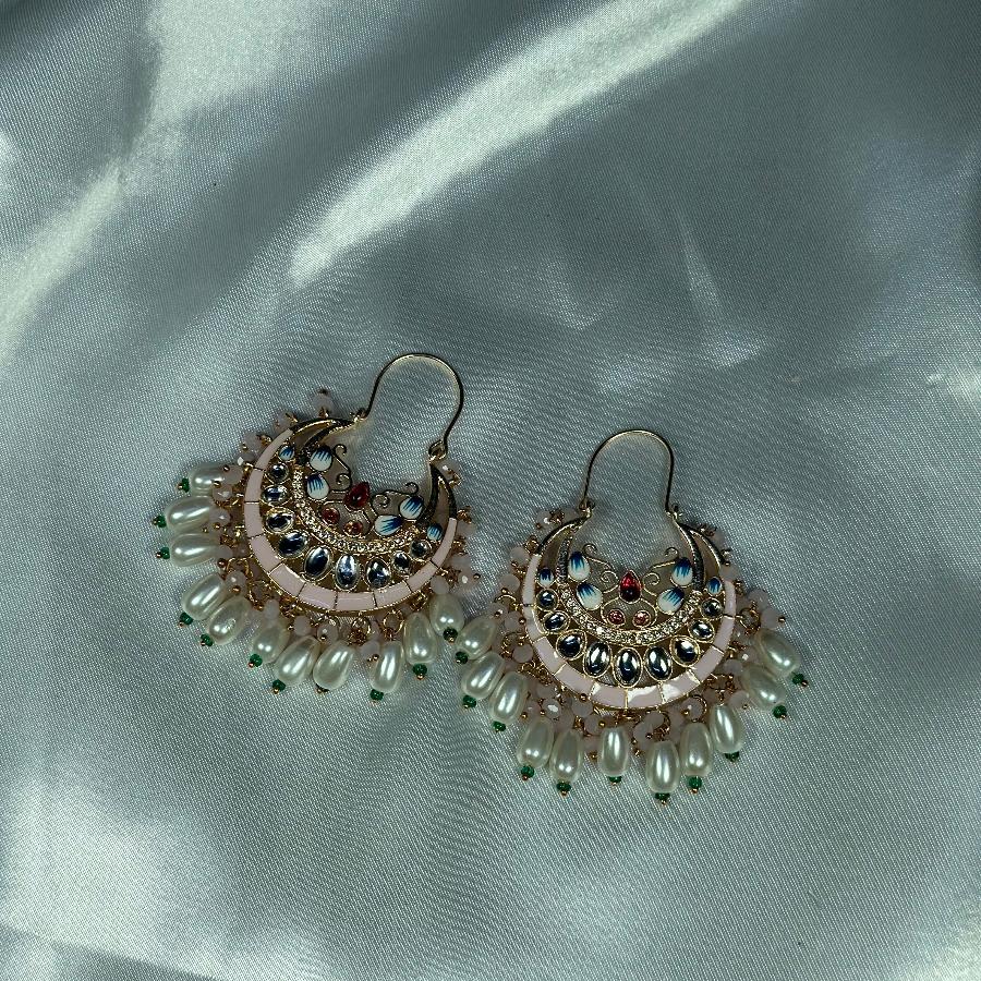 Kundan Floral Enamel, Pearl & Chandbali Dangle Earrings Teapink
