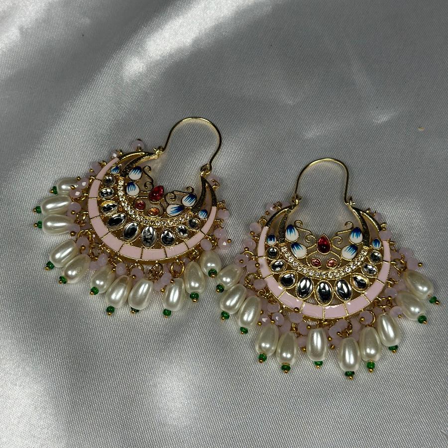 Kundan Floral Enamel, Pearl & Chandbali Dangle Earrings Teapink