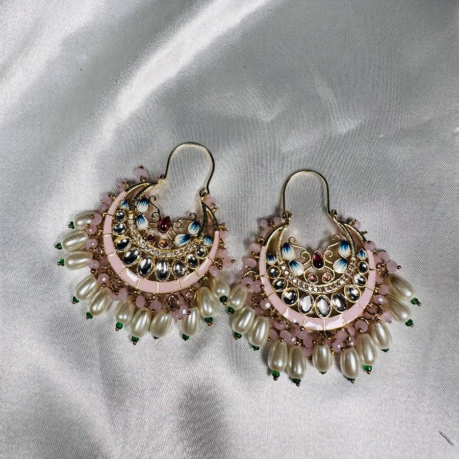 Kundan Floral Enamel, Pearl & Chandbali Dangle Earrings Teapink