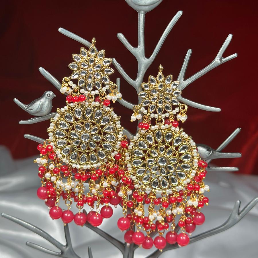 Kundan Studded Chandelier Classic Drop Earrings Red, Green, Blue, Marron & Pink