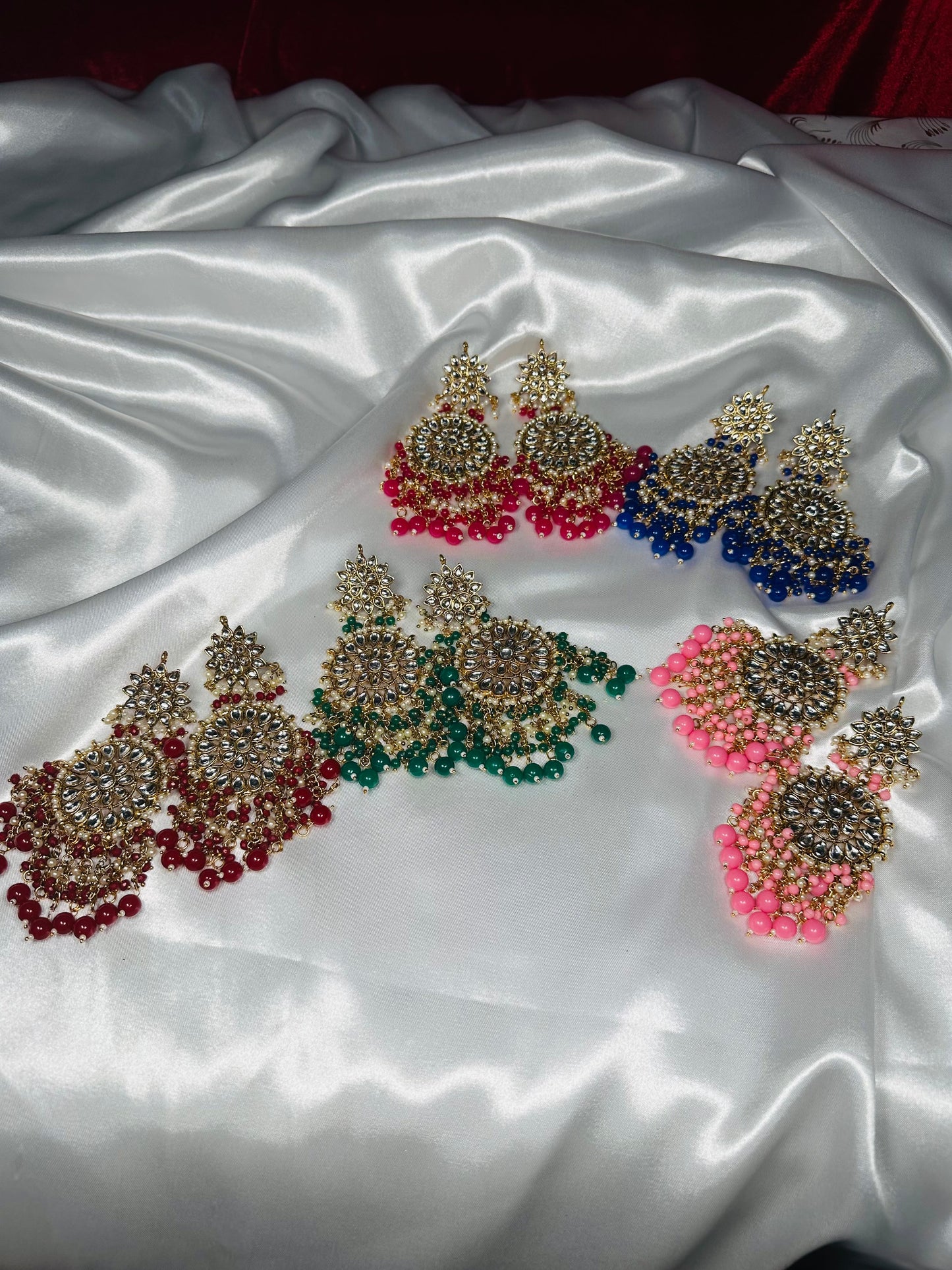 Kundan Studded Chandelier Classic Drop Earrings Red, Green, Blue, Marron & Pink