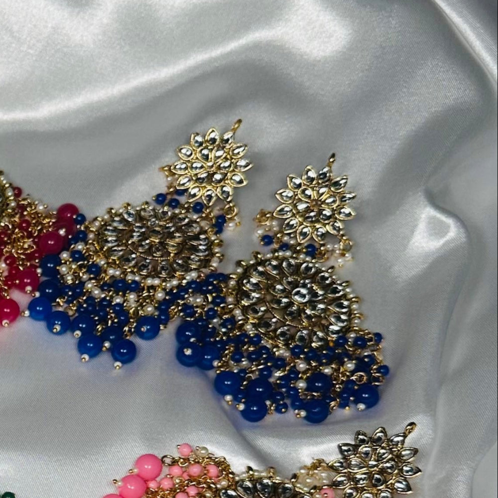 Kundan Studded Chandelier Classic Drop Earrings Red, Green, Blue, Marron & Pink