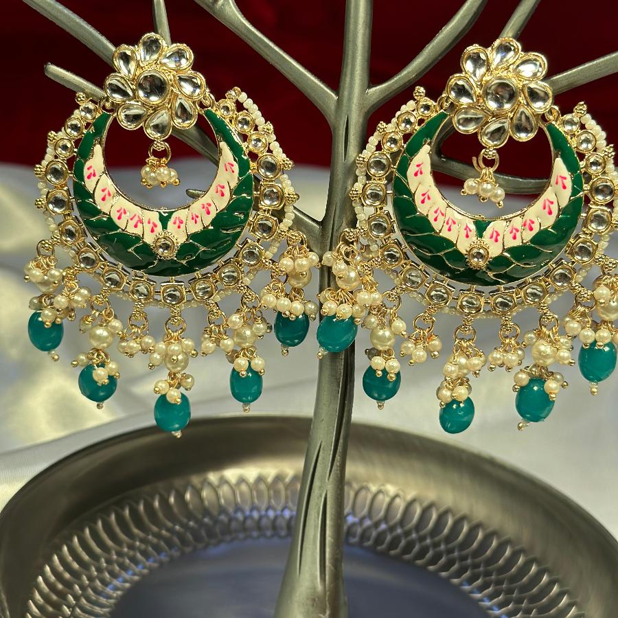 Kundan Enamel Chandbali Long Earrings