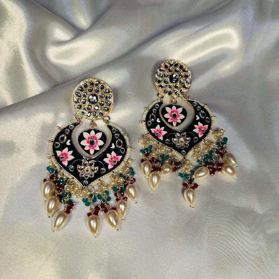 Kundan Floral Enamel Meenakari Long Earrings