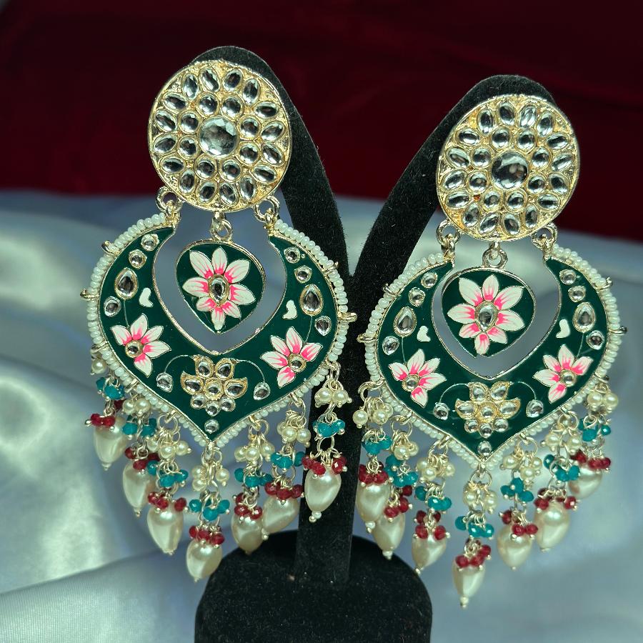 Kundan Floral Enamel Meenakari Long Earrings