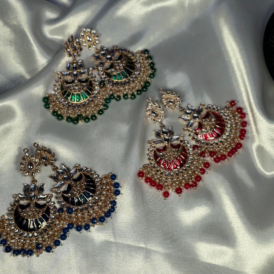 Kundan Ethnic Faux Enamel Earrings Green & Blue