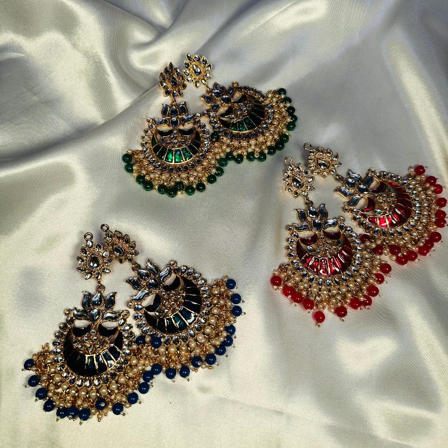 Kundan Ethnic Faux Enamel Earrings Green & Blue