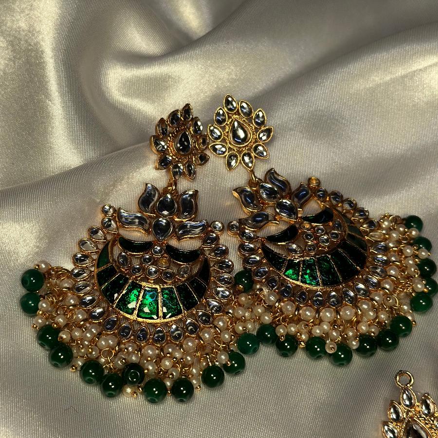 Kundan Ethnic Faux Enamel Earrings Green & Blue