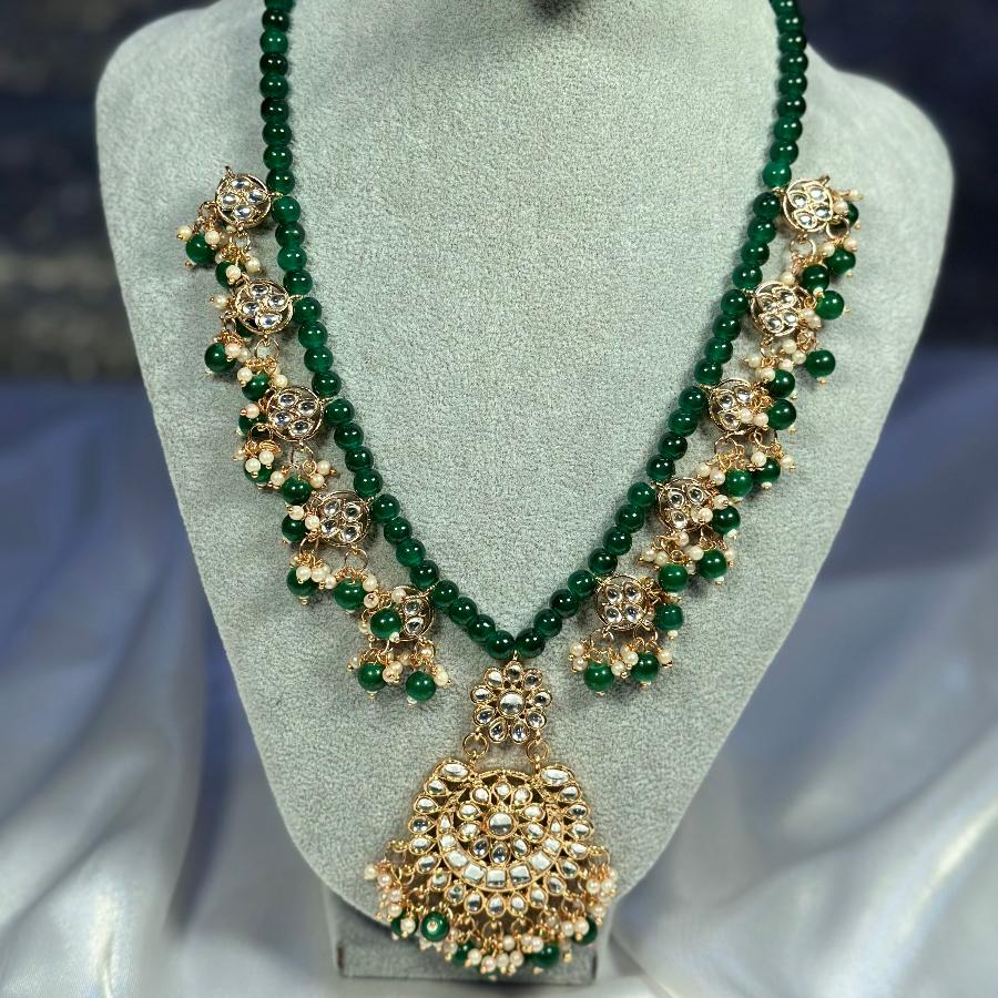 Kundan Bridal Jewellery Long Necklace Emerald Beads set Green color