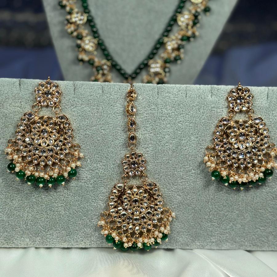 Kundan Bridal Jewellery Long Necklace Emerald Beads set Green color