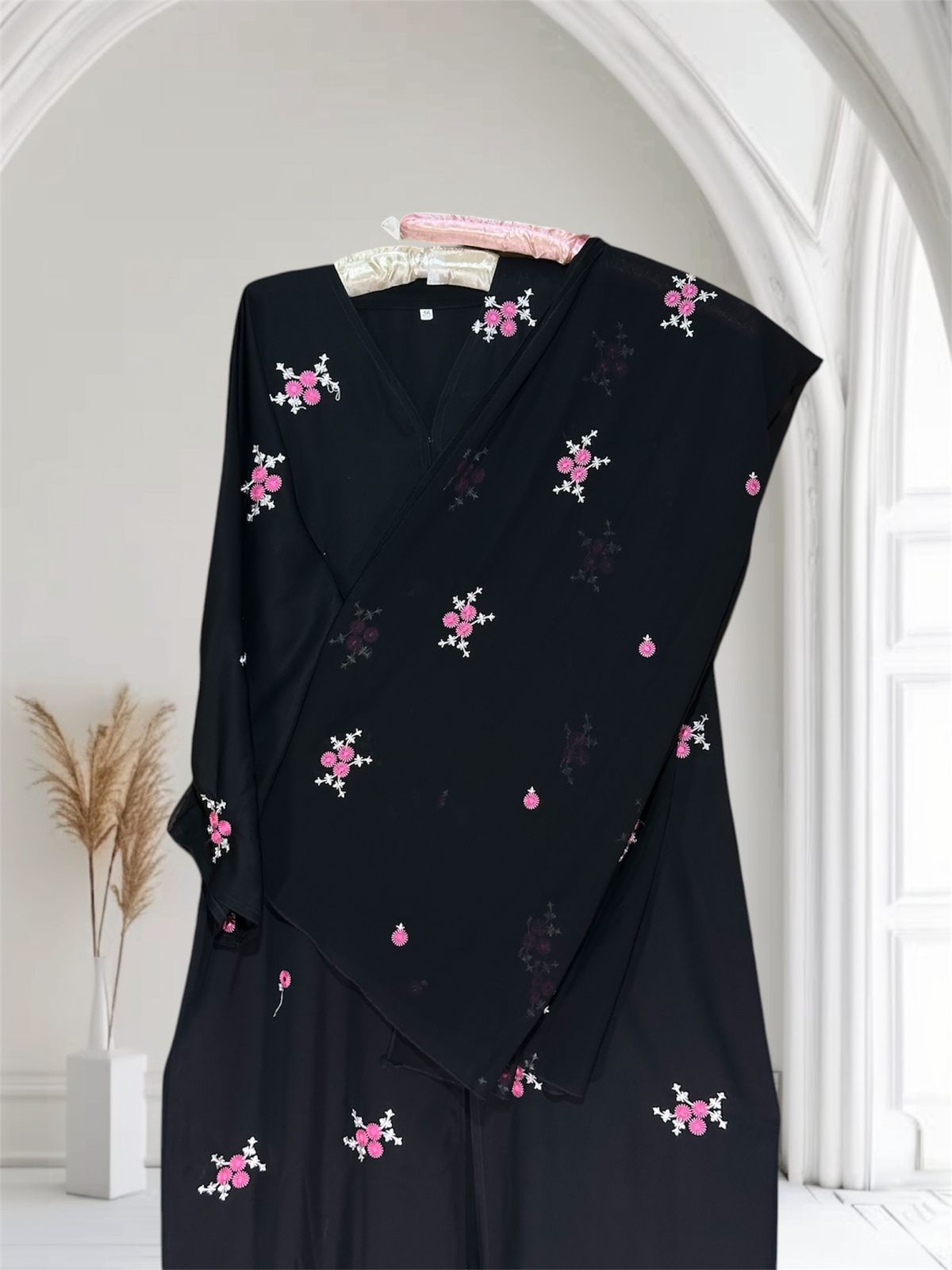 Noor-e-Haya Abaya pink floral embroidery
