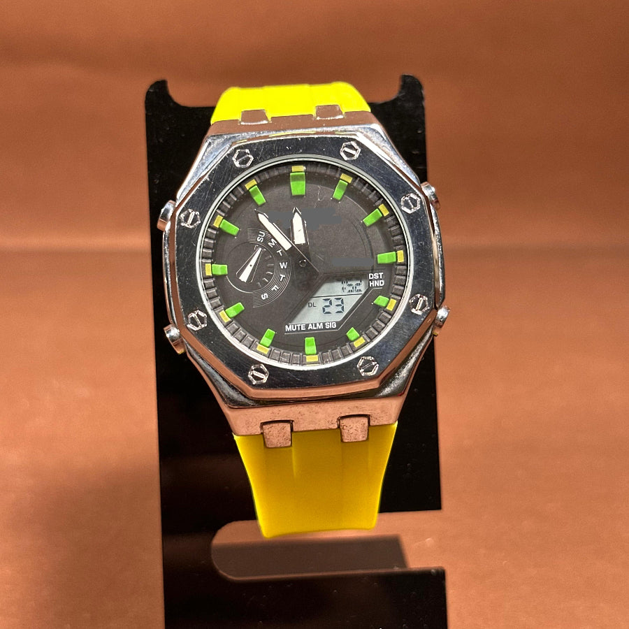 Sport Digital-Analog Watch with Metal Bezel Available in Blue, Black and Lemon Strap