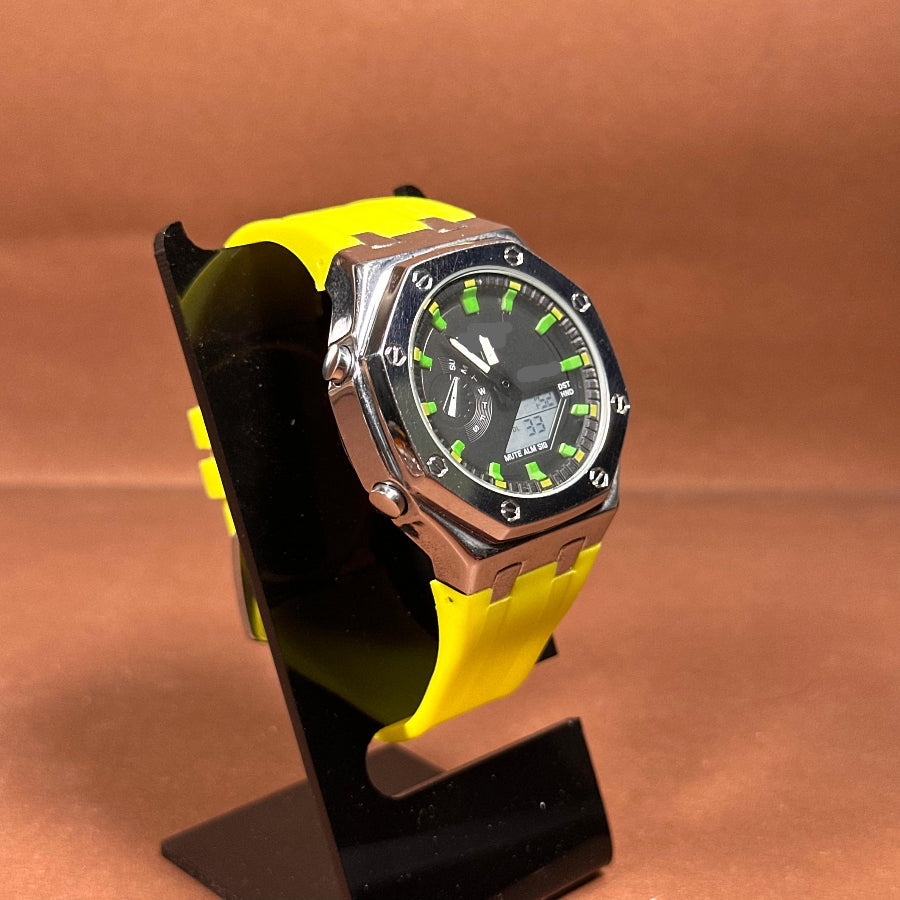Sport Digital-Analog Watch with Metal Bezel Available in Blue, Black and Lemon Strap