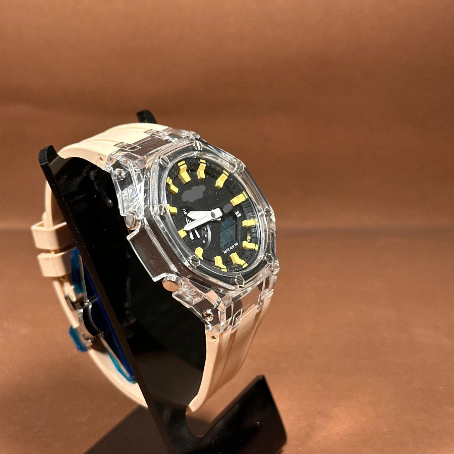 Sport Digital-Analog Watch with Transparent Bezel Available in Yellow, Off White and Blue Strap