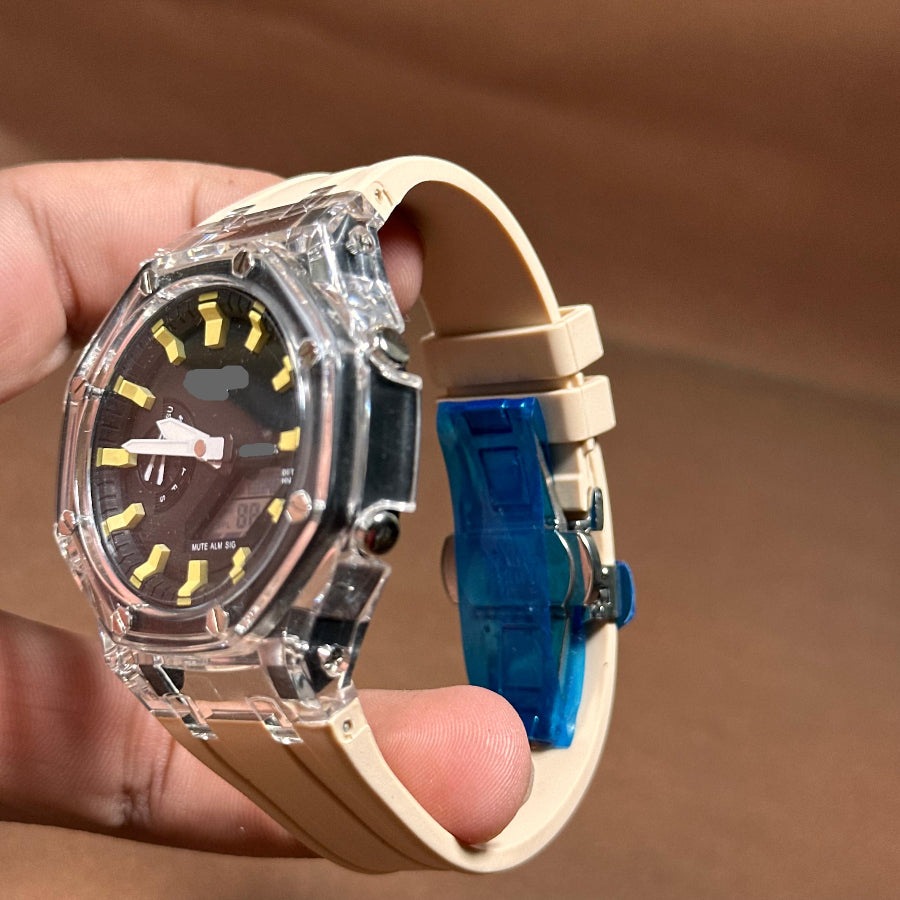 Sport Digital-Analog Watch with Transparent Bezel Available in Yellow, Off White and Blue Strap