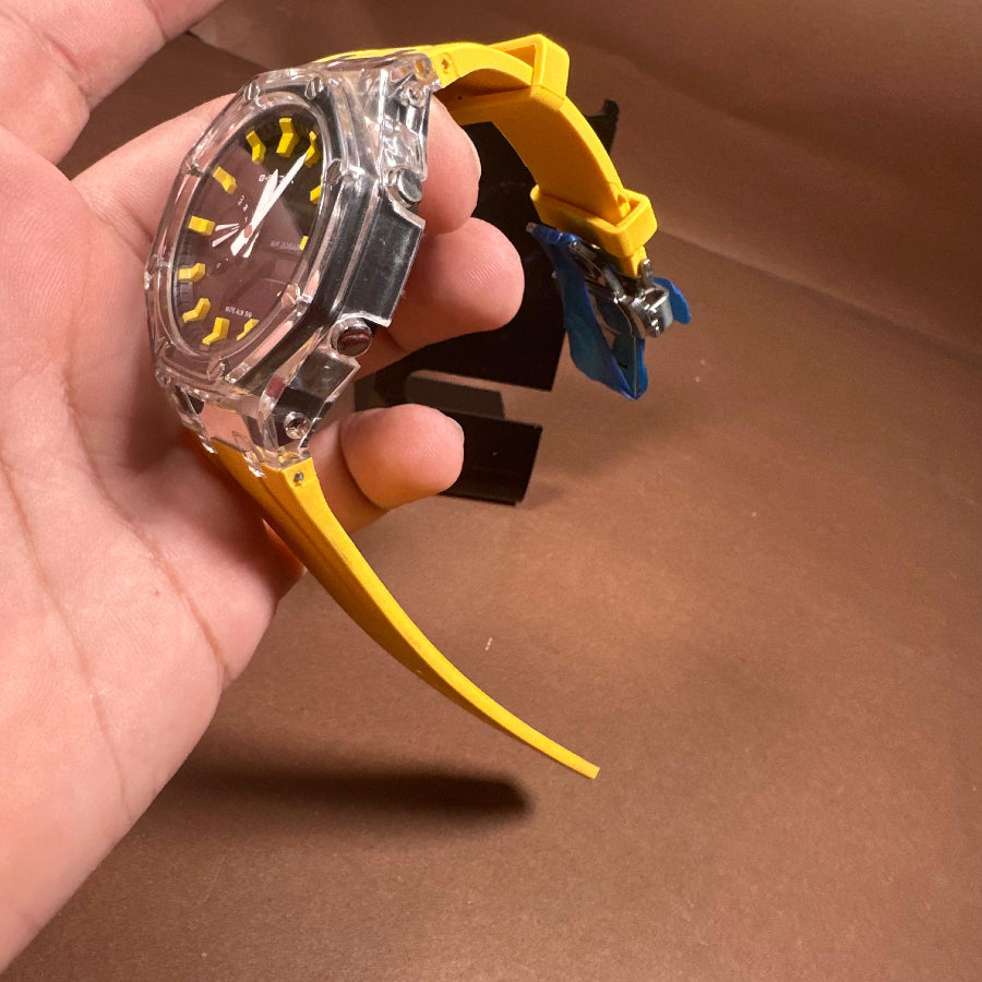 Sport Digital-Analog Watch with Transparent Bezel Available in Yellow, Off White and Blue Strap