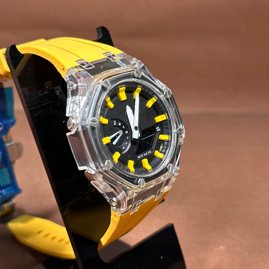 Sport Digital-Analog Watch with Transparent Bezel Available in Yellow, Off White and Blue Strap
