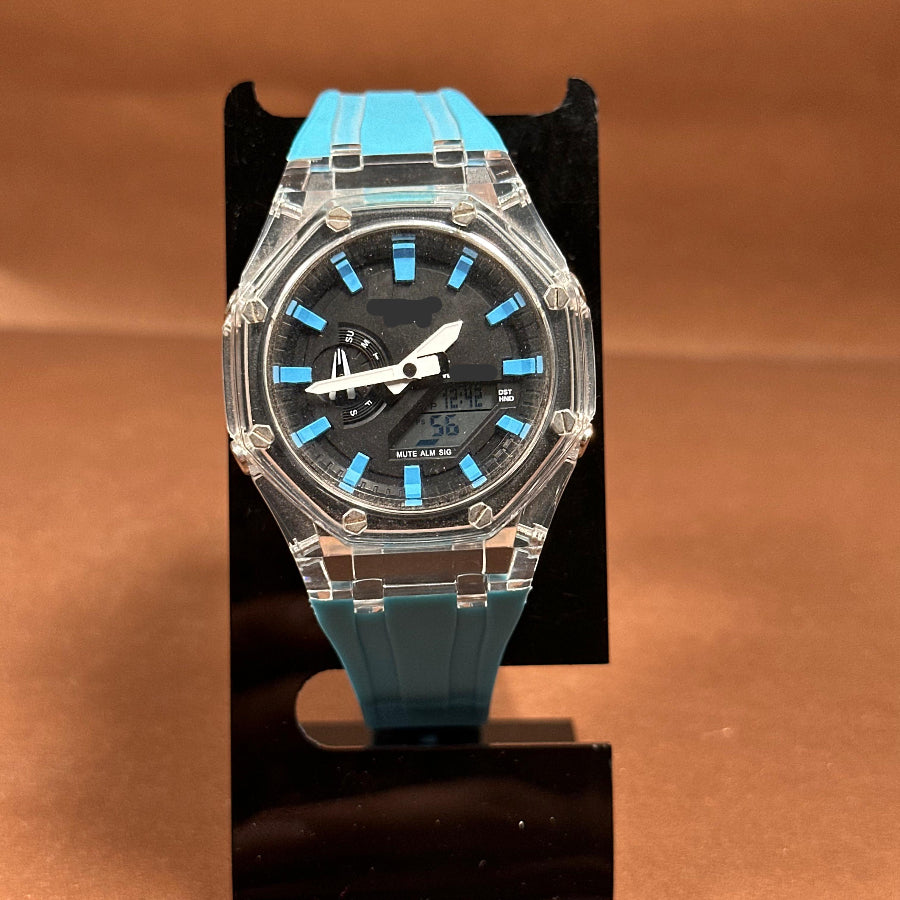 Sport Digital-Analog Watch with Transparent Bezel Available in Yellow, Off White and Blue Strap