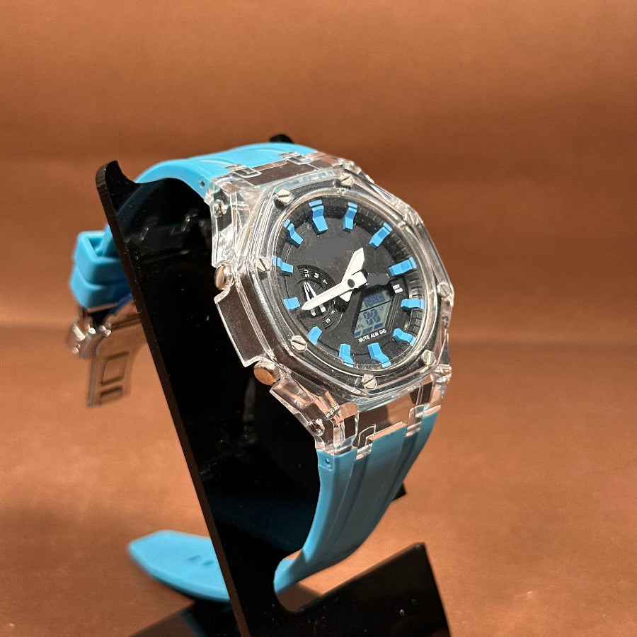 Sport Digital-Analog Watch with Transparent Bezel Available in Yellow, Off White and Blue Strap