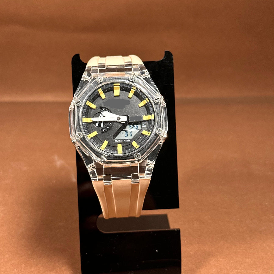 Sport Digital-Analog Watch with Transparent Bezel Available in Yellow, Off White and Blue Strap