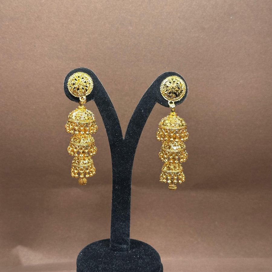 Statement Gold Plated 3 Jhumki Earrings – Party Wear