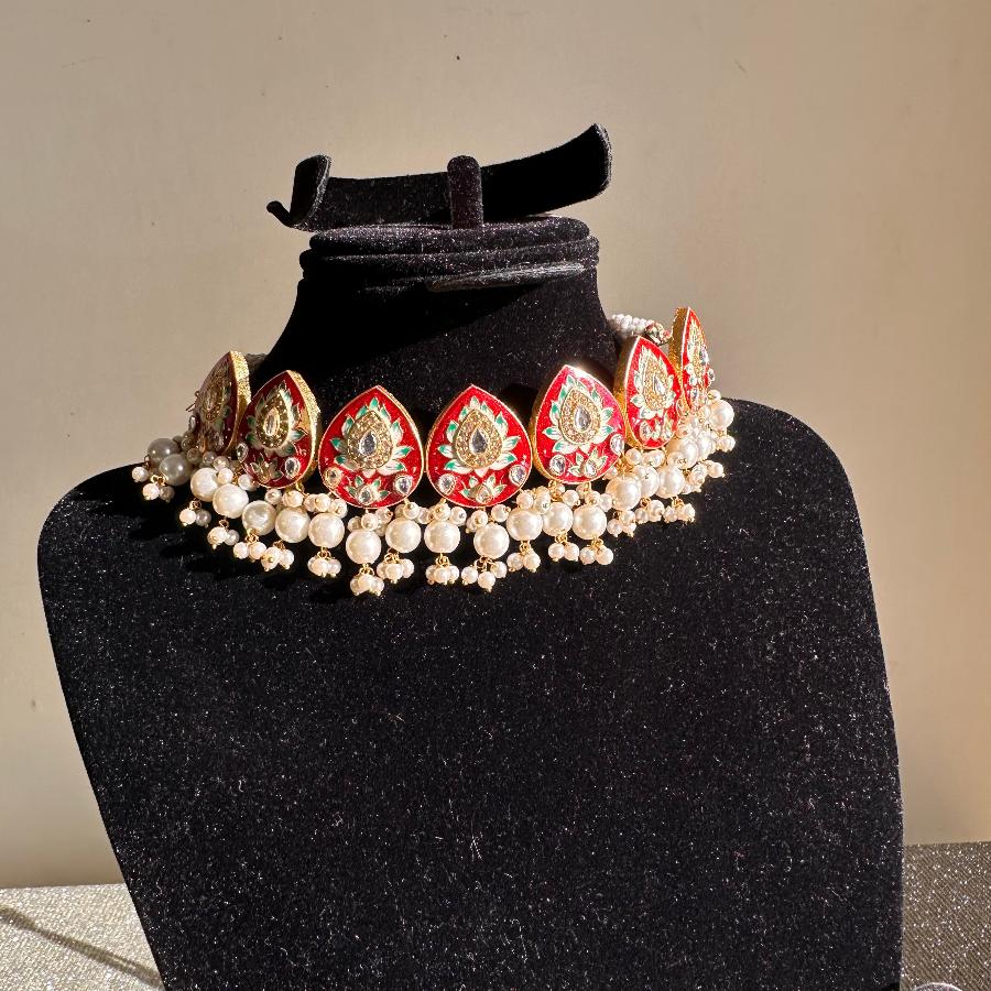 Kundan Necklace Jewelry Red and White Pearl Meenakari Work