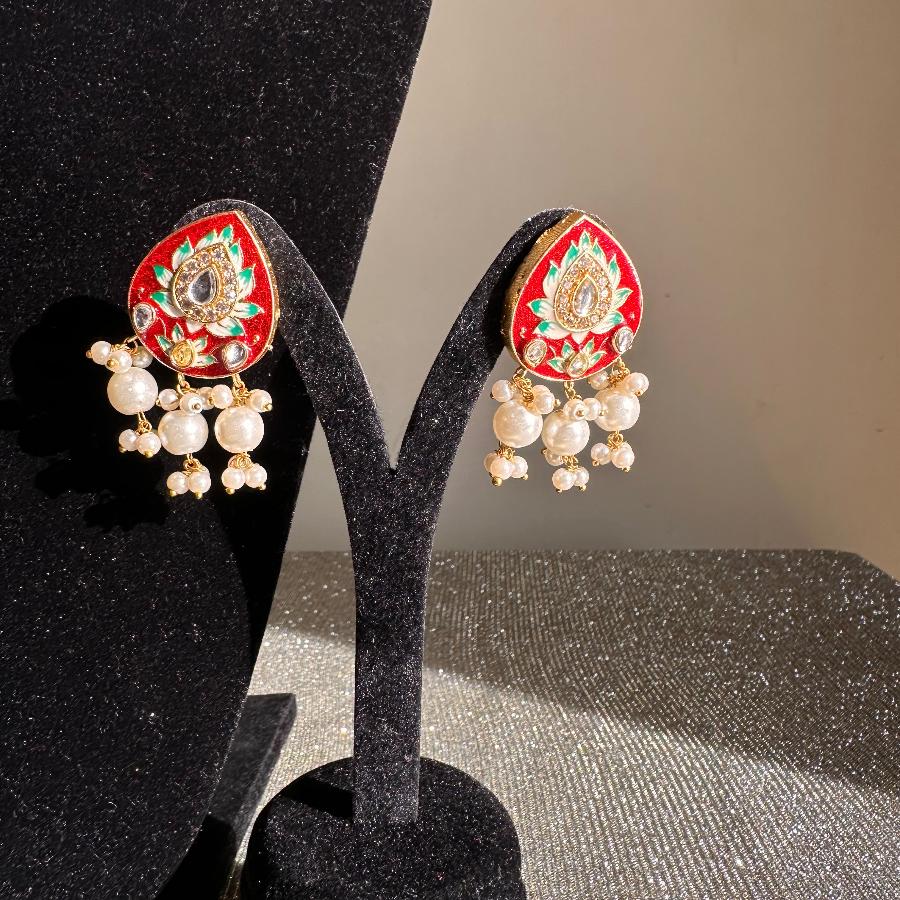 Kundan Necklace Jewelry Red and White Pearl Meenakari Work