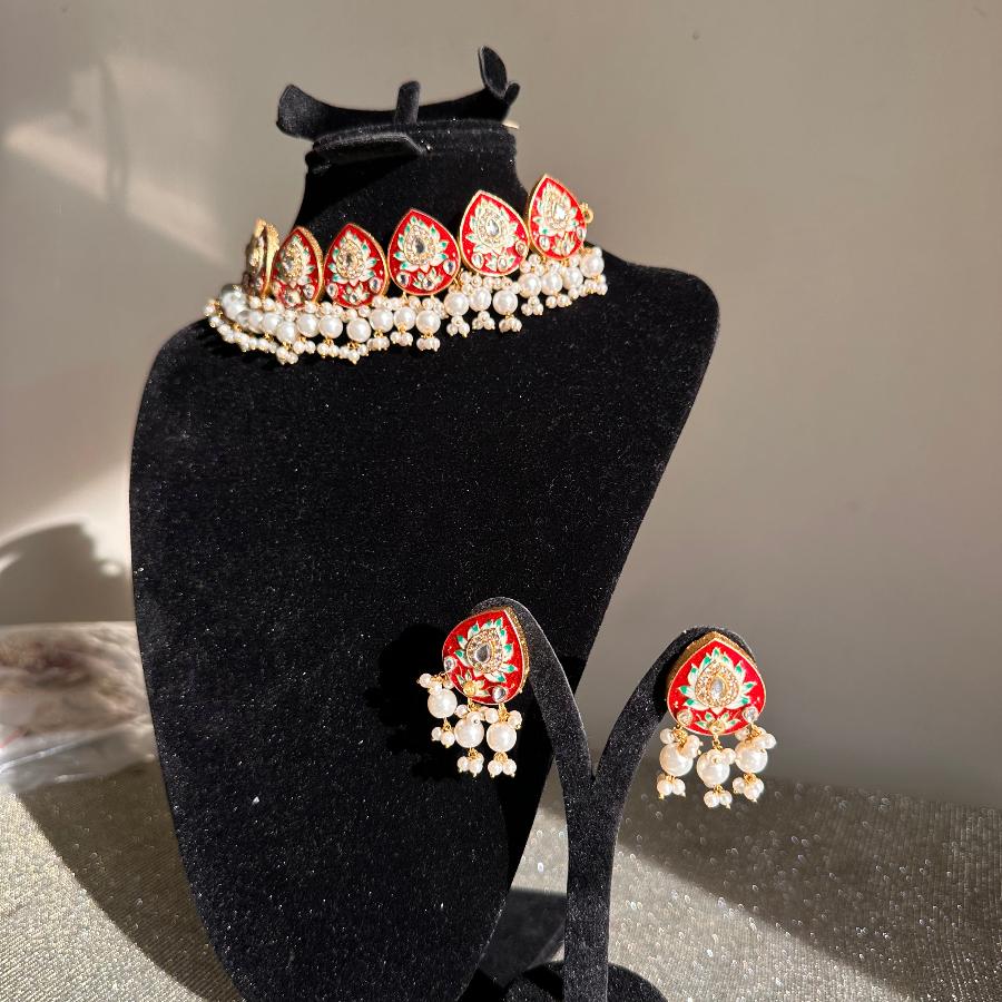 Kundan Necklace Jewelry Red and White Pearl Meenakari Work