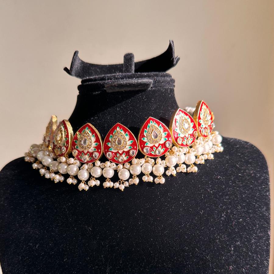 Kundan Necklace Jewelry Red and White Pearl Meenakari Work