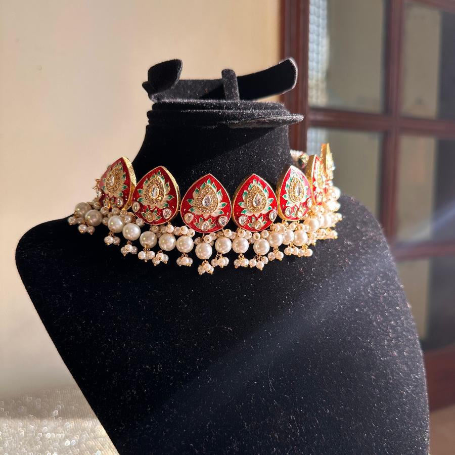 Kundan Necklace Jewelry Red and White Pearl Meenakari Work