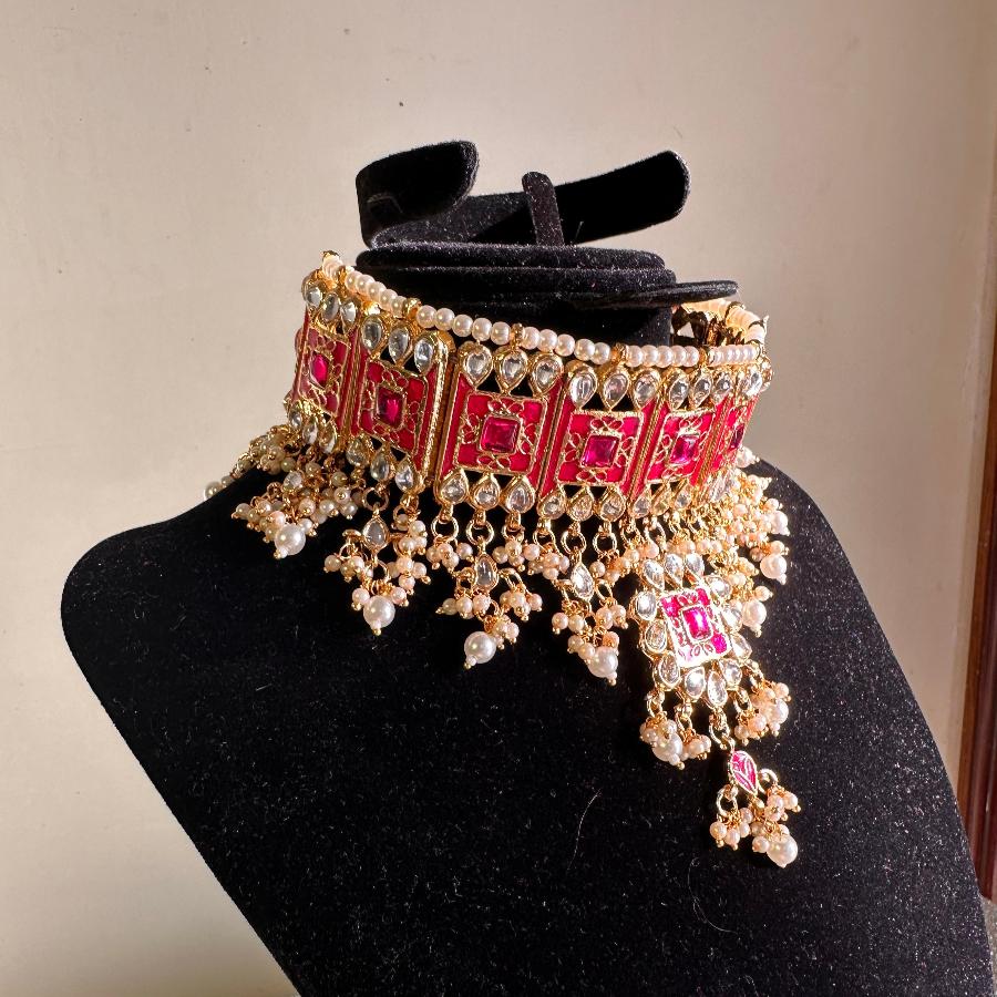 Kundan Jewelry Necklace With Earrings Pink color