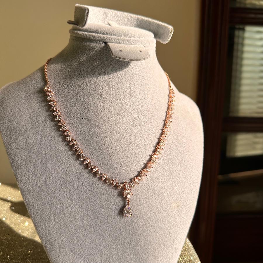 American Diamond And Cubic Zircon 18 Carat Necklace Set in Rose Gold