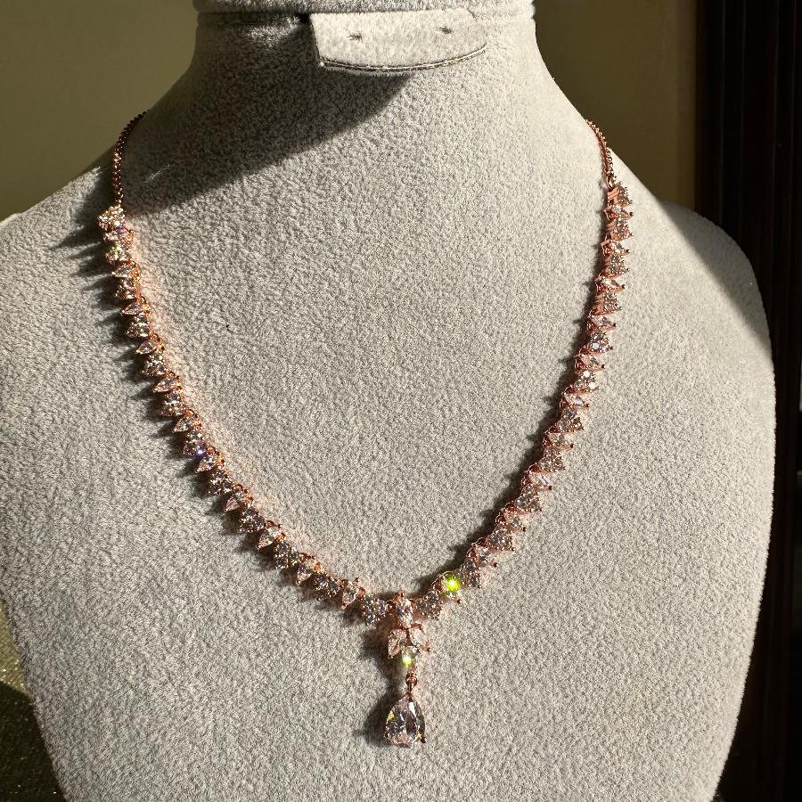 American Diamond And Cubic Zircon 18 Carat Necklace Set in Rose Gold