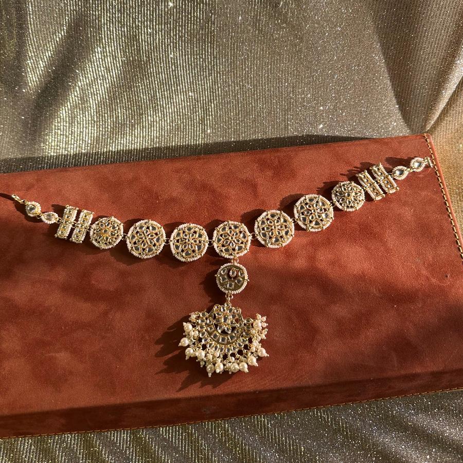 Kundan Matha Patti with Pearls and Beads White and Gold Color