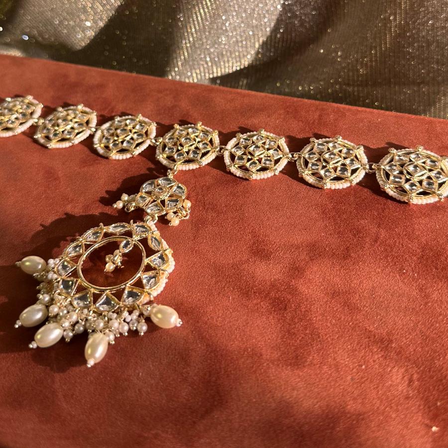 Kundan Matha Patti with Pearls and Beads White and Gold Color