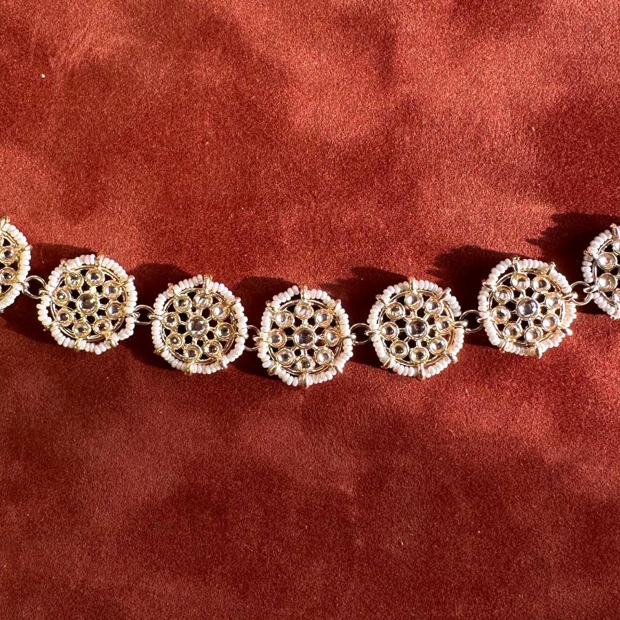 Kundan Matha Patti with Pearls and Beads White and Gold Color