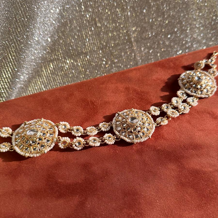 Kundan Matha Patti with Pearls and Beads White and Gold Color