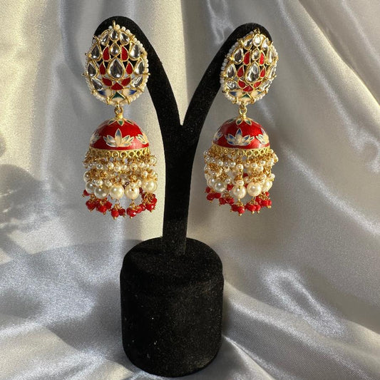 Kundan Floral Enamel Jhumka Earrings with Beaded Tassels Red