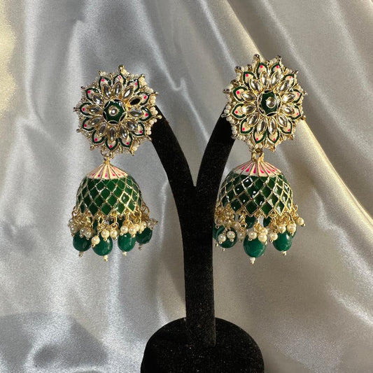 Kundan Enamel Jhumka Earrings in Green