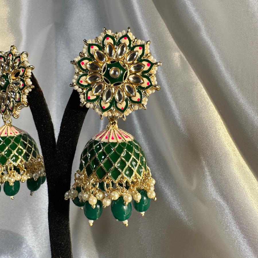 Kundan Enamel Jhumka Earrings in Green