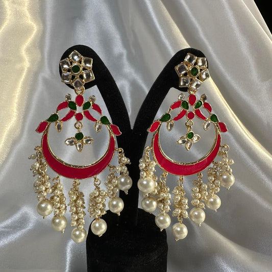 Kundan Chandbali Dangle Long Earrings in Pink