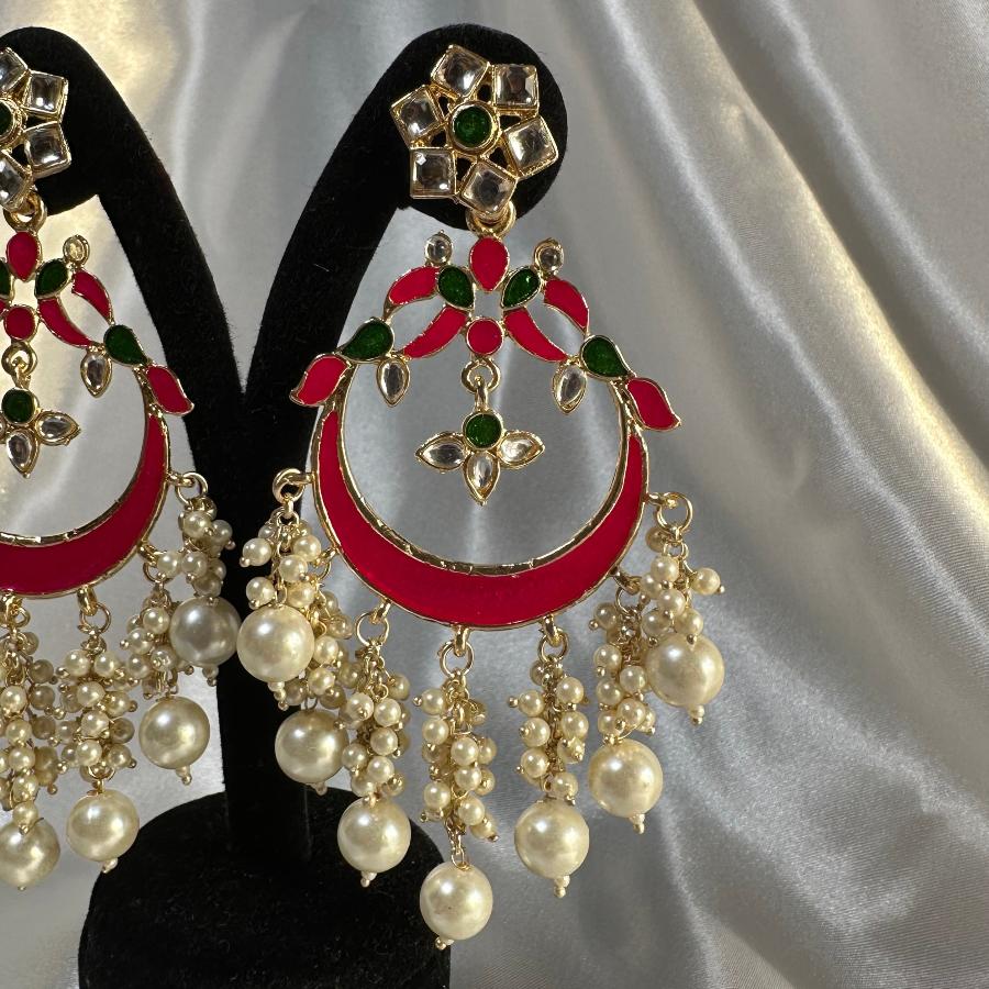 Kundan Chandbali Dangle Long Earrings in Pink
