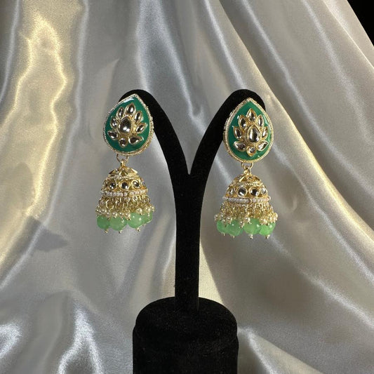 Kundan Earrings Jewelry Green Enamel With Pearl