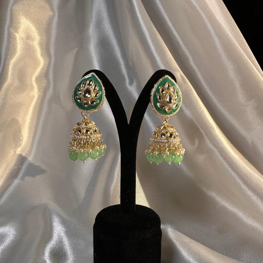 Kundan Earrings Jewelry Green Enamel With Pearl