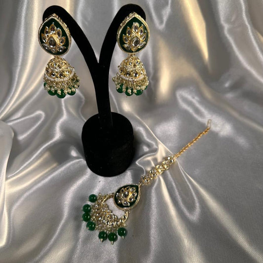 Kundan Earrings Jewelry Green Enamel With Mang Tikka